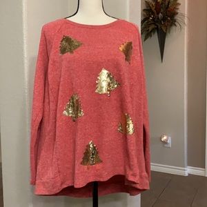 Holiday Time red pullover sweatshirt gold sequins Christmas trees sweater